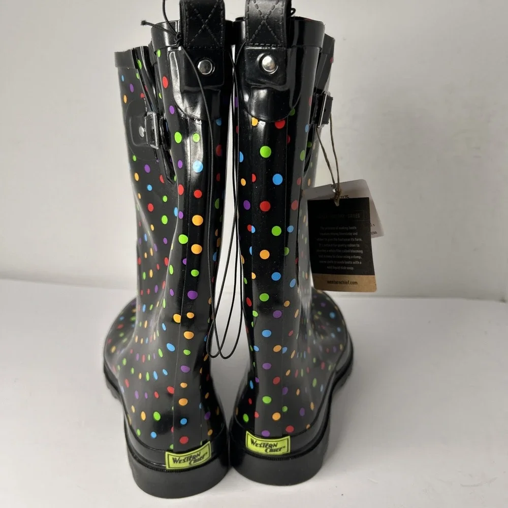 Western Chief Women 11 M Rain Boot Black Ditsy Polka Dot Pull On Shoe Waterproof
